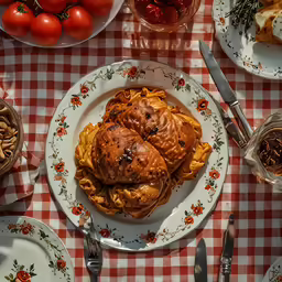 two pies and bowls of fruit on the table