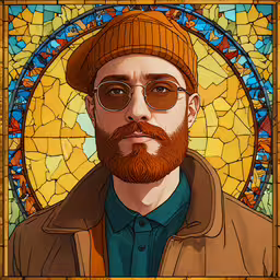 a portrait of the artist in front of a stained glass background,a man wearing glasses and a brown hat