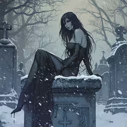 a woman sitting on top of a tombstone in a cemetery,a woman is sitting on the top of a tombstone
