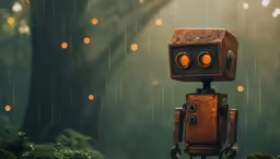 an artistically manipulated picture of a robot in the rain