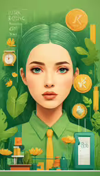 digital portrait of green haired woman in suit surrounded by golden coins and foliage,a girl with green hair is next to plants and coins