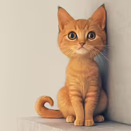there is a small orange cat sitting against a wall