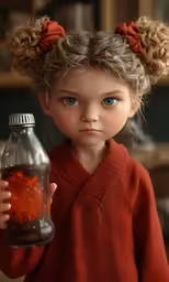 the doll is holding a bottle in front of her face