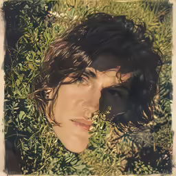 a boy is lying down on some green grass