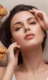 a woman laying on her side with cookies surrounding her