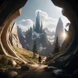the person is standing in a mountain forest