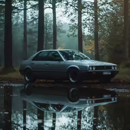 a car parked near the water in the woods