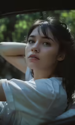 a girl is posing for the camera as she looks out the window