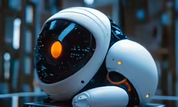 a small robot sits in front of a computer monitor