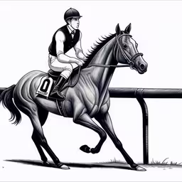 the jockey is on his horse and is going down the track,a drawing of a horse and rider