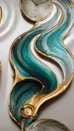 a white wall with gold details and clocks on it