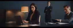 businesswomen in suit sitting at a table using a laptop computer