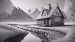 a black and white drawing of a small house on a foggy day