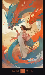 a woman with a sword in front of two dragon