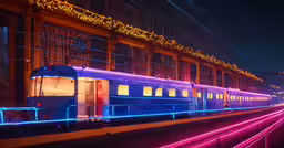 the train is brightly lit up at night time,a train that is going down some tracks with lights