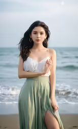 a girl is standing on the beach with her arm folded