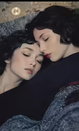 two woman that are laying down together
