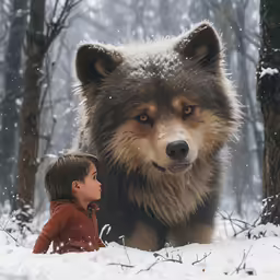 the small boy looks at the furry animal in the snow