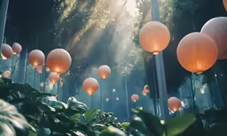 a bunch of white lamps are above trees