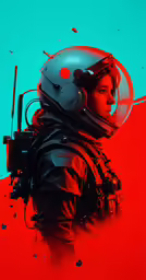 a woman in a space suit and with a gun