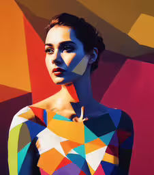 a woman is posing for a picture by a wall,a woman standing by a wall with colorful patterns