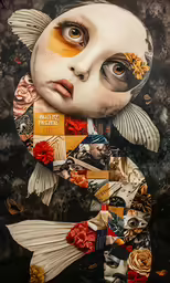collage of altered photograph of girl with yellow and orange eyes