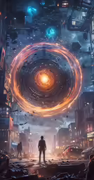 a man standing in the middle of a futuristic area
