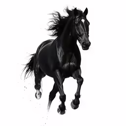 black horse runs along the white background