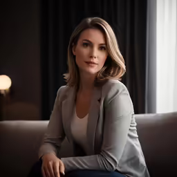 a woman sitting on top of a gray couch next to a lamp