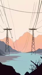electric wires are stretching high above a lake