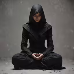the young woman in the black outfit is sitting in a position