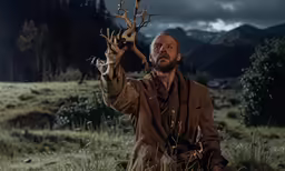 a man is holding out a fake antelope