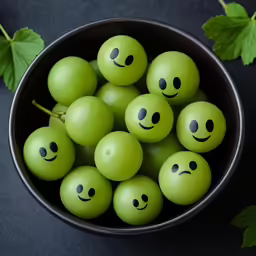 apples with eyes on top in a black bowl