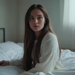a beautiful young woman sitting on top of a bed