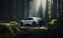 a white sports car driving through the woods