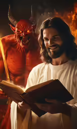 jesus and demon holding up an open book