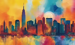 the city skyline and the water is brightly colored