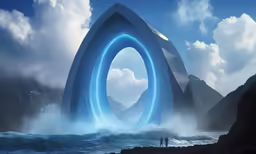 some mountains a cliff water and clouds and a man standing in the ocean