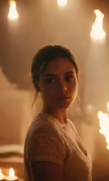 a woman standing next to a fire wall in a room