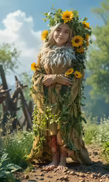 a woman in a dress made out of flowers standing on a dirt road