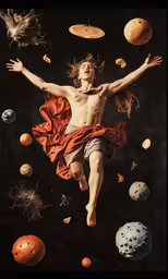 the painting is of a man floating among the space with planets