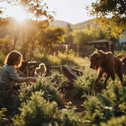 a small girl is playing with a cow