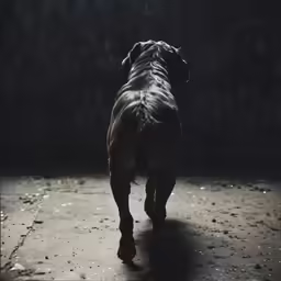 a dog walking in the dark in front of some kind of umbrella