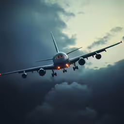 a plane is flying in the dark cloudy sky