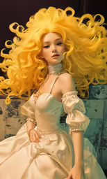a young blond girl in white dress with large yellow curly hair
