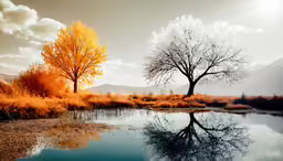 a lake with two trees, one standing on the shore