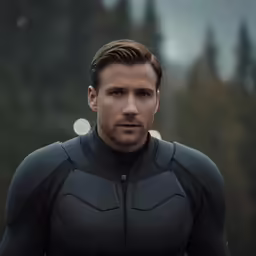 a man in a black suit with a light coming from behind him