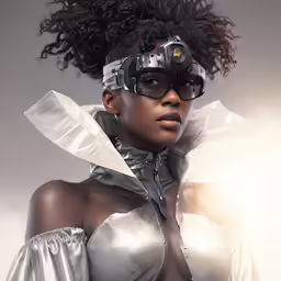 a woman in an extremely large white dress is wearing futuristic gear