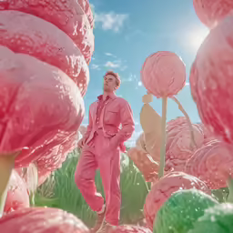 the man is standing among pink flowers in a field