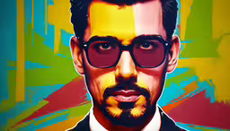 a man with sunglasses is in front of a colorful background,the face of a man in glasses and a suit
